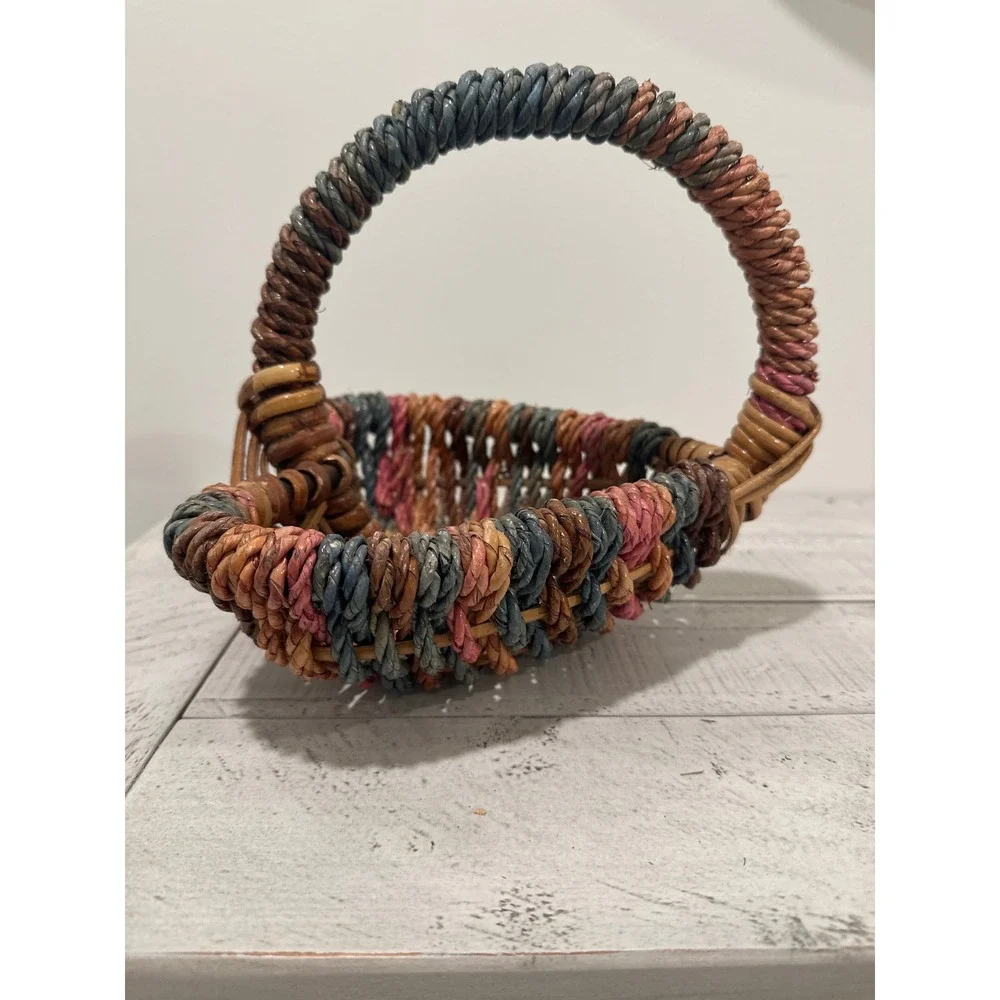 Vintage Heart Shaped Woven Basket Multi Color Twisted Rope Handle Cottagecore